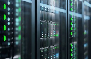 Camera slowly moving in data center showing server equipment with flickering light indicators, close up view. Seamlessly looped photorealistic 3D render animation.